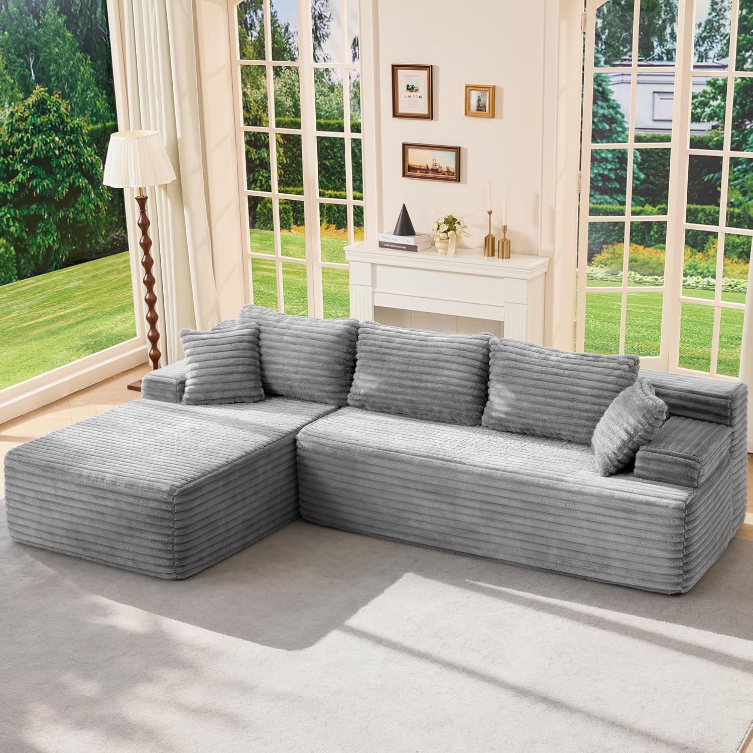 Modular Sectional Sofa Couches L-Shape Couch 3 Seat Modular Sofa Memory Foam Sectional Couches for Living Room, Cloud Couch with Oversized Chaise (Grey Stripe, 96 Left Facing Chaise)