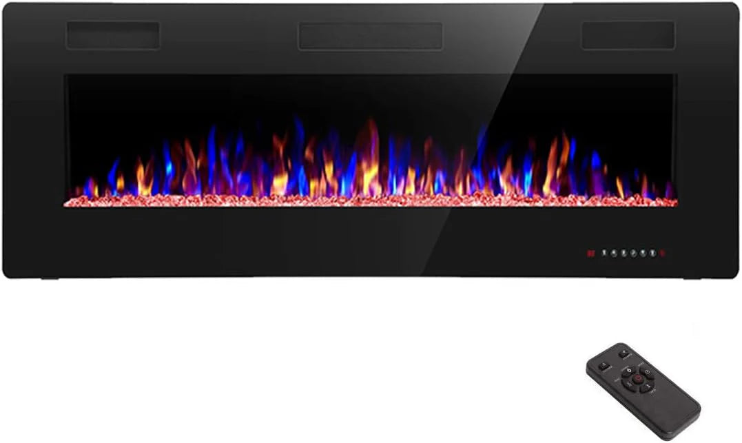 R.W.FLAME 60 Recessed and Wall Mounted Electric Fireplace, Low Noise, Fit for 2 x 6 Stud, Remote Control with Timer, Touch Screen, Adjustable Flame Color and Speed, 750-1500W