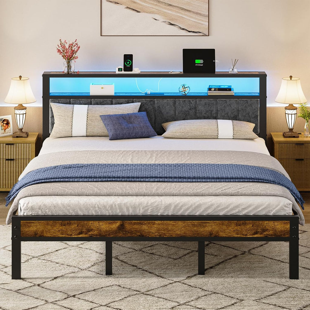 Queen Size Bed Frame with 2-Tier Storage Shelves Headboard Platform Bed Charging Station