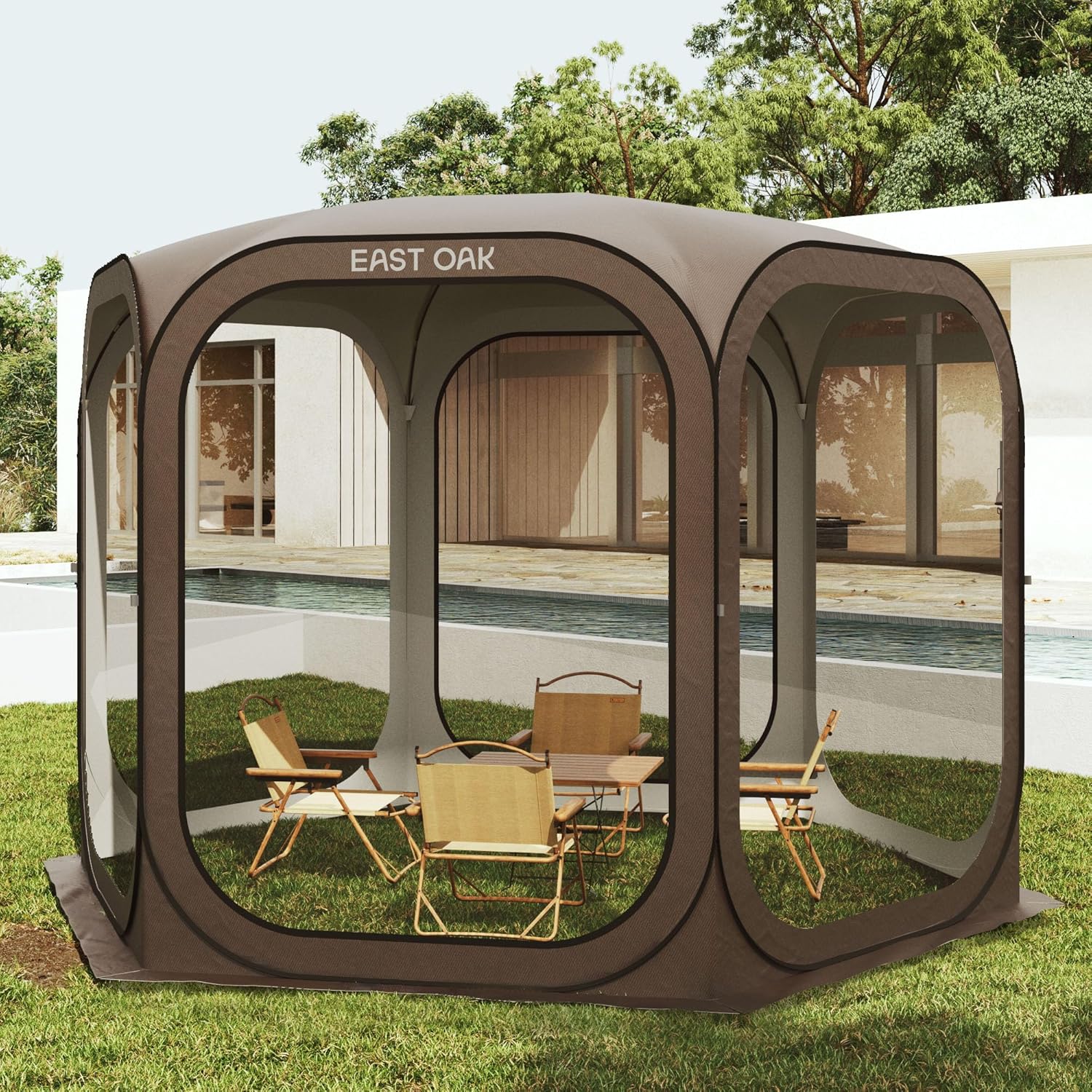 EAST OAK Screen House Tent Pop-Up, Portable Screen Room Canopy Instant Screen Tent 10 x 10 FT with Carry Bag for Patio, Backyard, Deck & Outdoor Activities, Beige