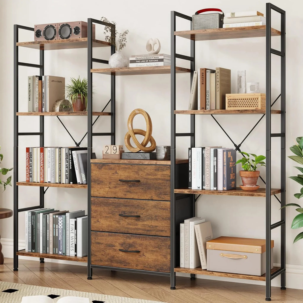 AFLUI Triple Bookshelf 3 Fabric Drawers 4-Tier Book Shelf 10 Display Shelves Industrial Bookcase