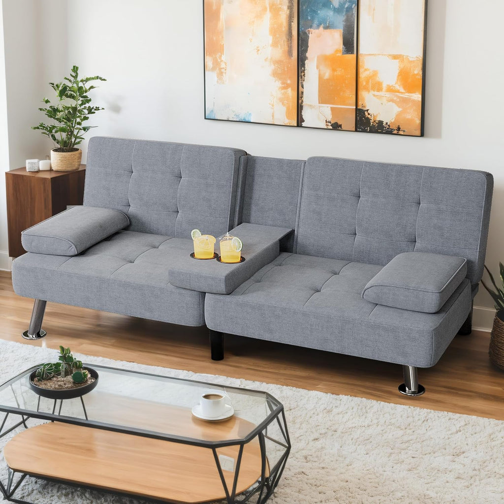 Shahoo Modern Linen Upholstered Convertible Folding Futon Sofa Bed with Removable Armrests