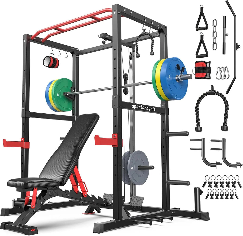 Sportsroyals Squat Rack, LAT Power Cage, Power Rack Multi-Function with Pulley System