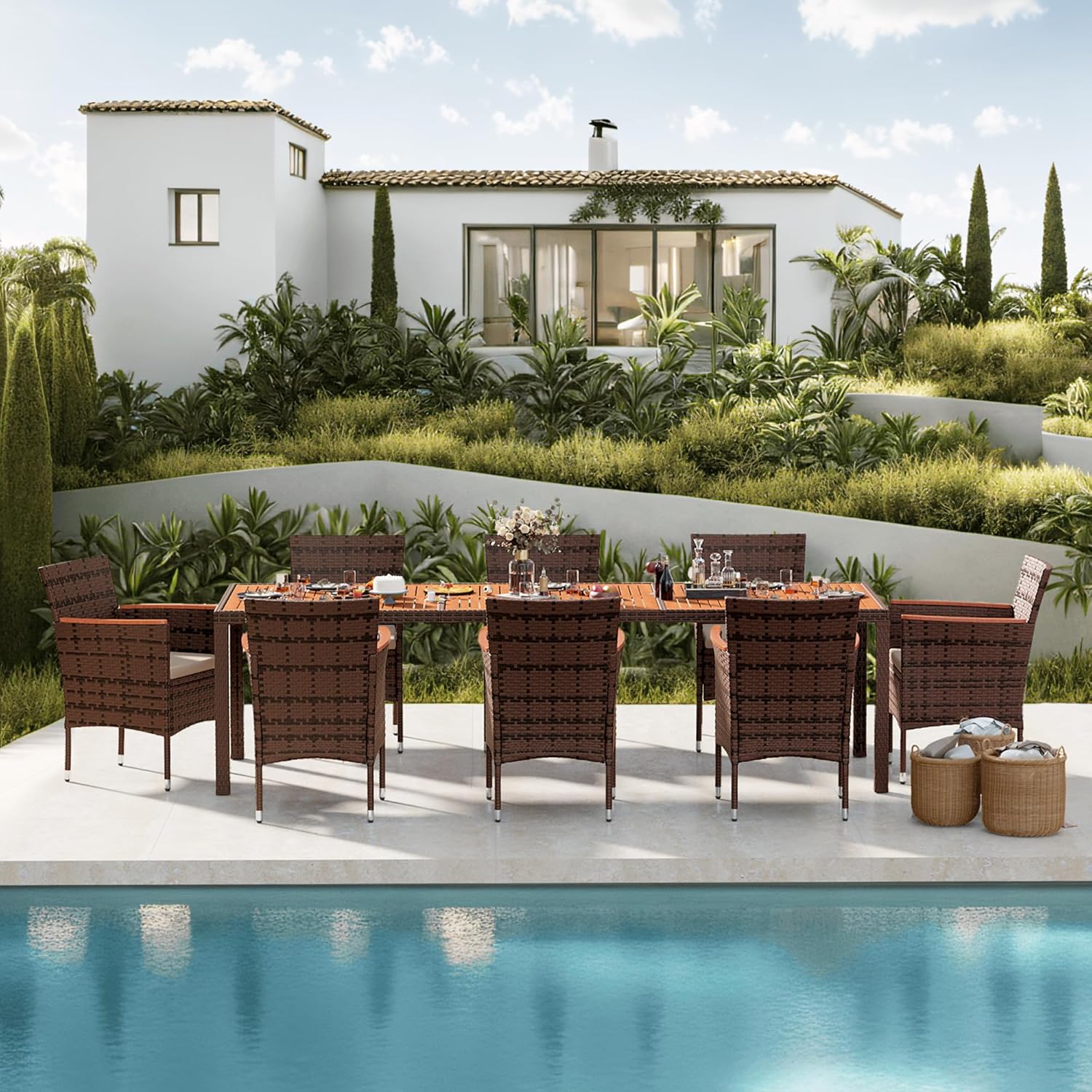 Devoko Dining 7 PCS Furniture, Patio Conversation Set with Acacia Wood Table Top, Rattan Outdoor, Black