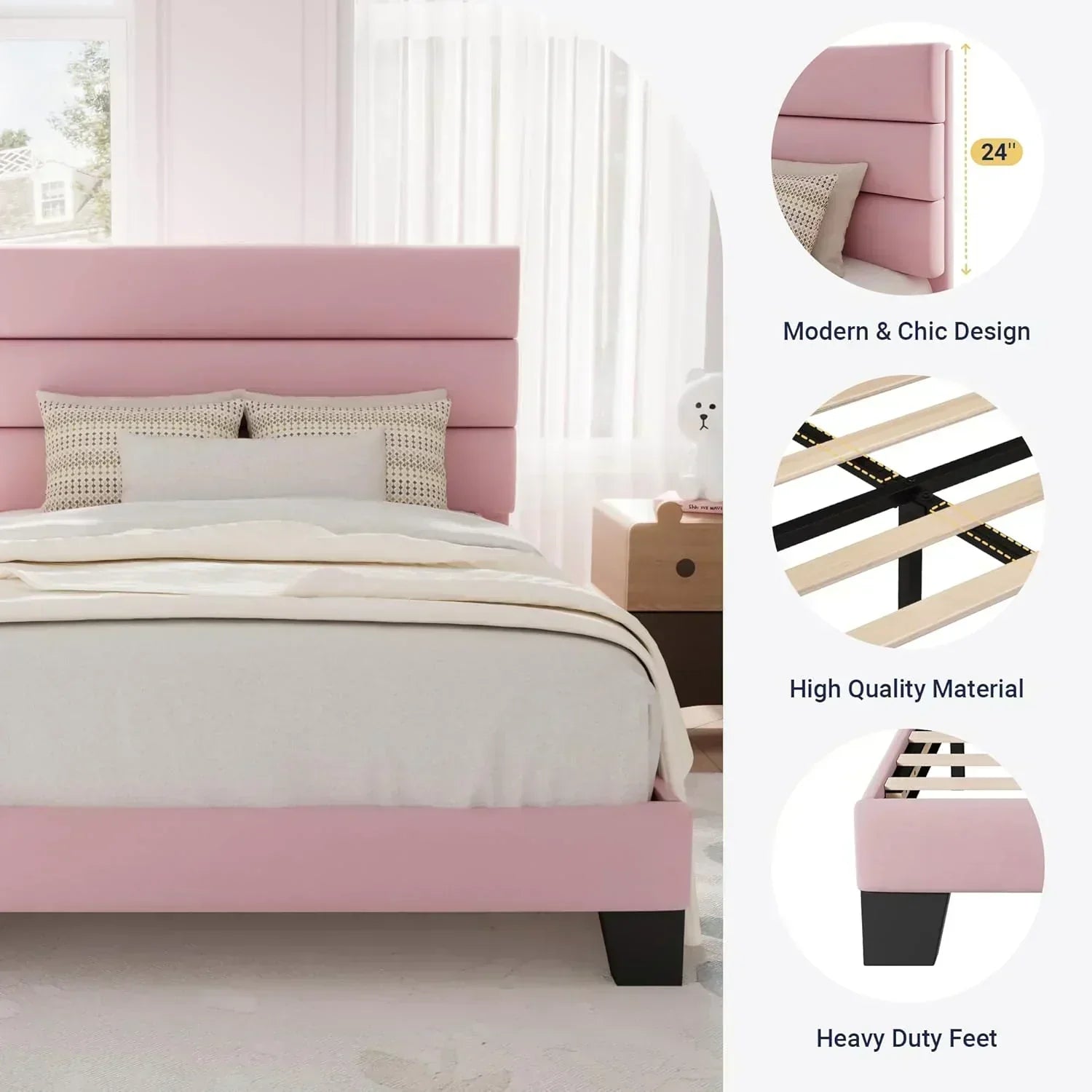 Allewie King size platform bed frame with velvet upholstered headboard and planks