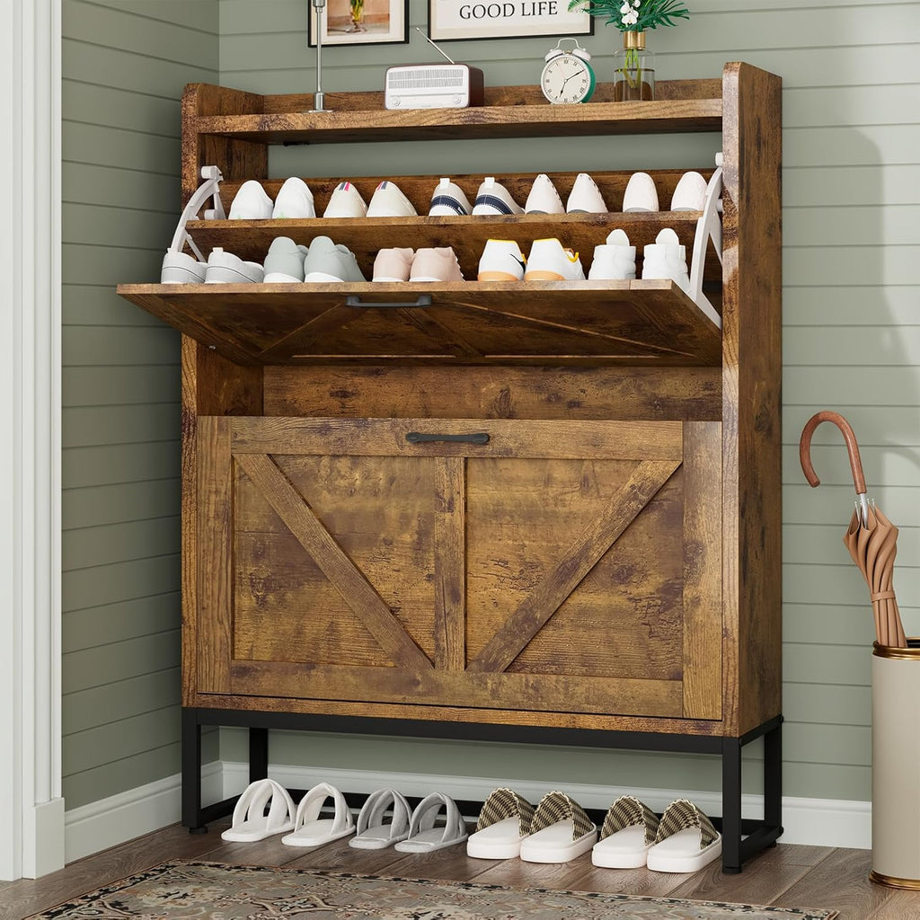 Shoe Cabinet, Shoe Storage Cabinet with 2 Flip Drawers & Adjustable Shelf