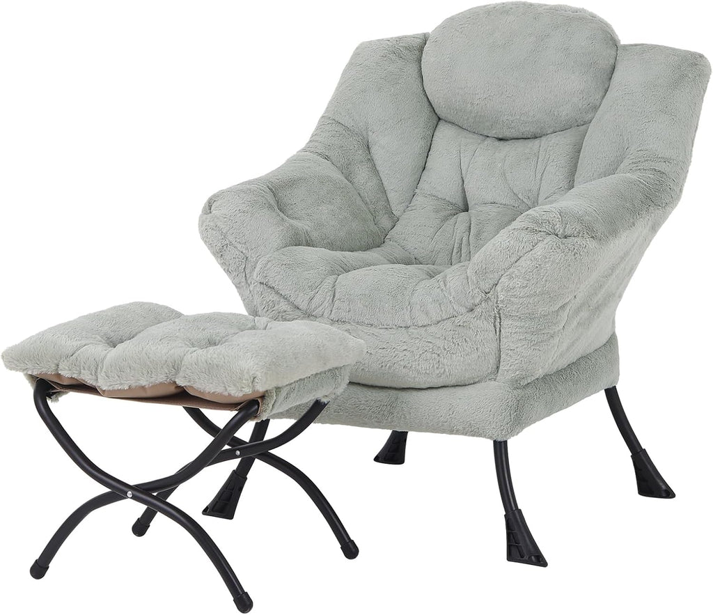 Welnow Lazy Chair with Ottoman, Modern Accent Chair with Armrests and a Side Pocket, Leisure Sofa Armchair, Reading Armchair with Footrest for Small Space, Dark Grey