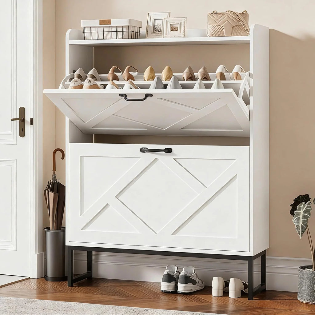 Nicetree Shoe Cabinet with 2 Flip Drawers Freestanding Shoe Storage Cabinet Narrow Shoe Cabinet