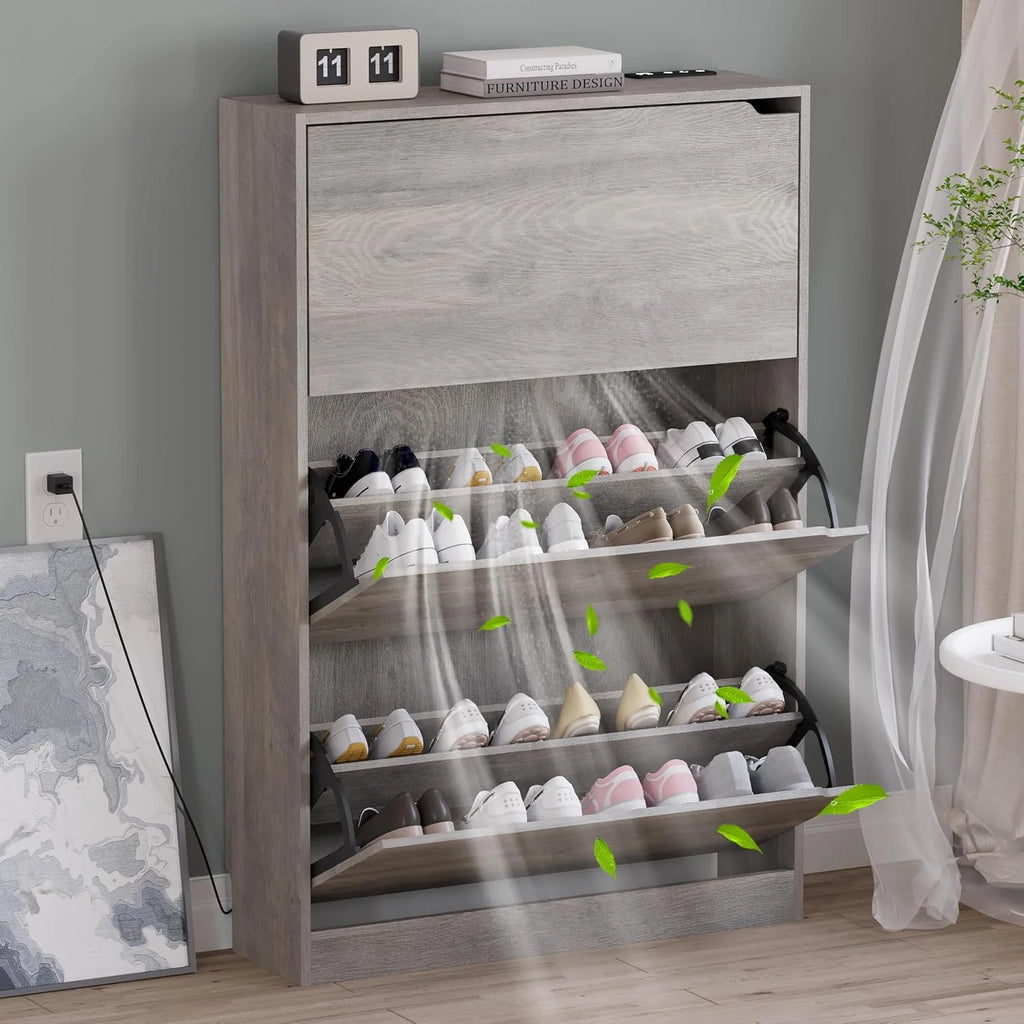 Shoe Cabinet with 3 Flip Drawers, Hidden Wood Shoe Cabinet,Freestanding Shoe Storage Cabinet